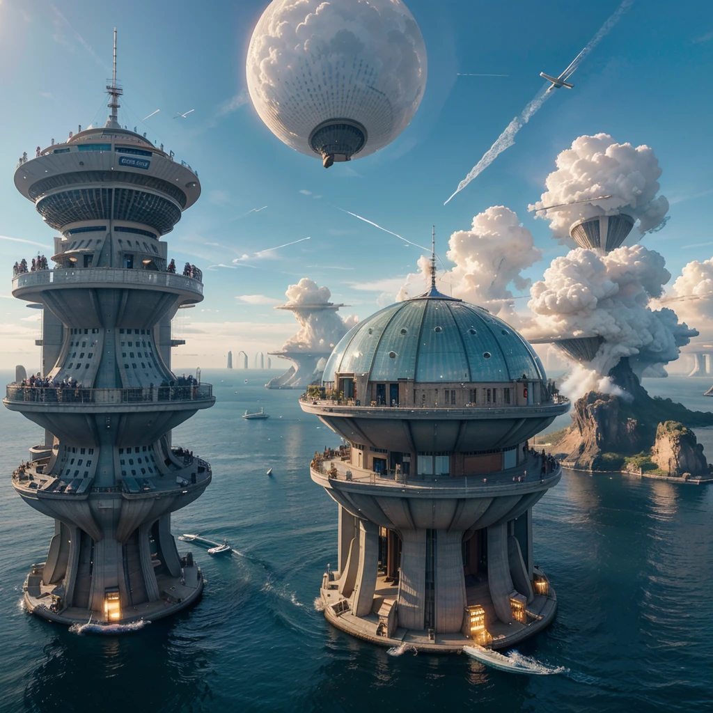 The floating cities of Olymproteus are an astonishing achievement of engineering and design that define life on this giant planet. Let me take you on a journey through these wonders:
*Celestial Architecture:*
The floating cities of Olymproteus do not sit on land, but rather float in the upper layers of the atmosphere. They are built on light and resistant structures that allow them to stay in the air.
The buildings are sleek and aerodynamic, designed to withstand winds and changing atmospheric conditions. Their shapes vary from transparent spheres to spiral towers.
*Hermite Propulsion:*
The key to the flotation of these cities is the use of the mineral Hermite. The ships and buildings are equipped with Hermite generators that create antigravity fields.
These fields keep cities in suspension, allowing them to move freely through the atmosphere. Floating cities can ascend, descend and move horizontally as needed.
*Transport Networks:*
The cities are connected by Hermite transport networks. These floating routes allow citizens to travel from one city to another without problems.
Personal ships, similar to elegant airships, take to the skies, ferrying people from one district to another. Some cities even have high-speed lanes for intercity transportation.
*Panoramic Views:*
Imagine walking through floating streets with transparent glass floors. From there, you can see clouds, oceans, and mountains for miles around.
The panoramic views are stunning, and the inhabitants of Olymproteus enjoy sunrises and sunsets that look like living paintings.
*Cultural and Scientific Centers:*
Each floating city has its own character and specialization. Some are scientific research centers, while others are dedicated to arts and culture.
Floating theaters, astronomical observatories, and libraries in the clouds are common. Scientists, artists and philosophers meet to exchange ideas and knowledge.
*Sustainability and Balance:*
Despite their ethereal appearance, floating