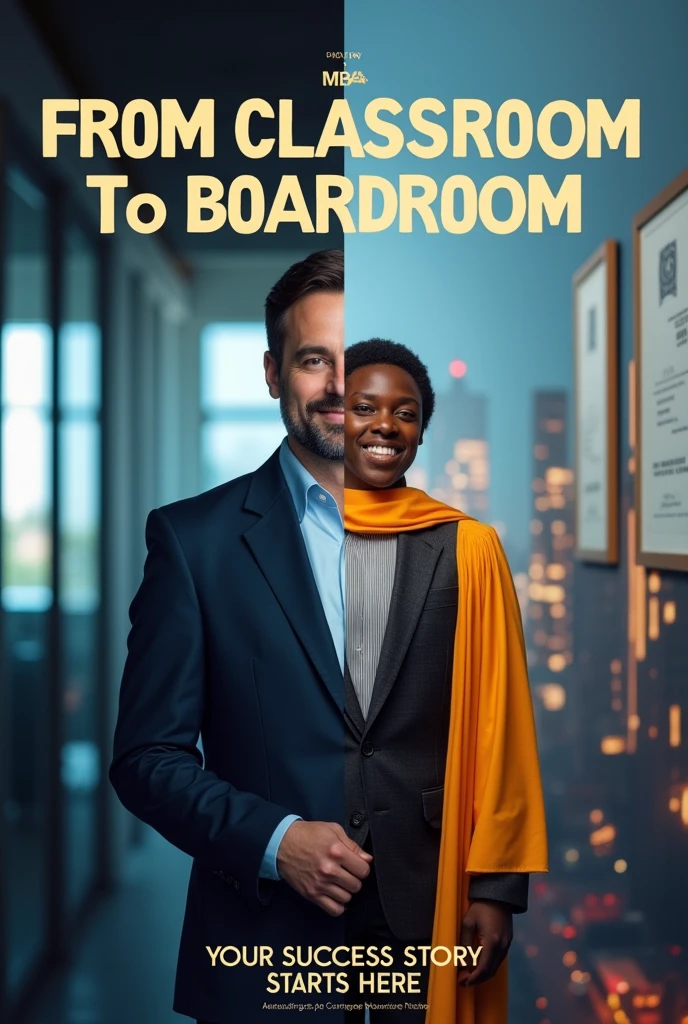 Visual Storytelling with Alumni Success:
- Concept: Feature a split image showing an alumnus in their current successful role in suite(e.g., CEO, entrepreneur) with a "before" shot of them as a student at the MBA college with convacation
uniform. Use a headline like, "From Classroom to Boardroom."
- Tagline: "Your Success Story Starts Here