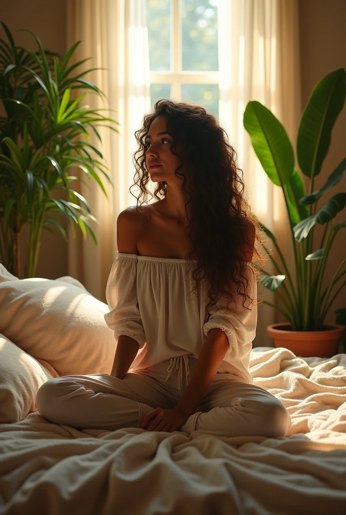 (photorealism:1.2), beautiful woman, sitting on bed, wearing loose off-shoulder top, pajama pants, long curly hair, indoors, soft lighting, plants in background, window with sunlight, cozy room, relaxed pose, realistic, intricate details, warm colors, by Greg Rutkowski, by Alphonse Mucha