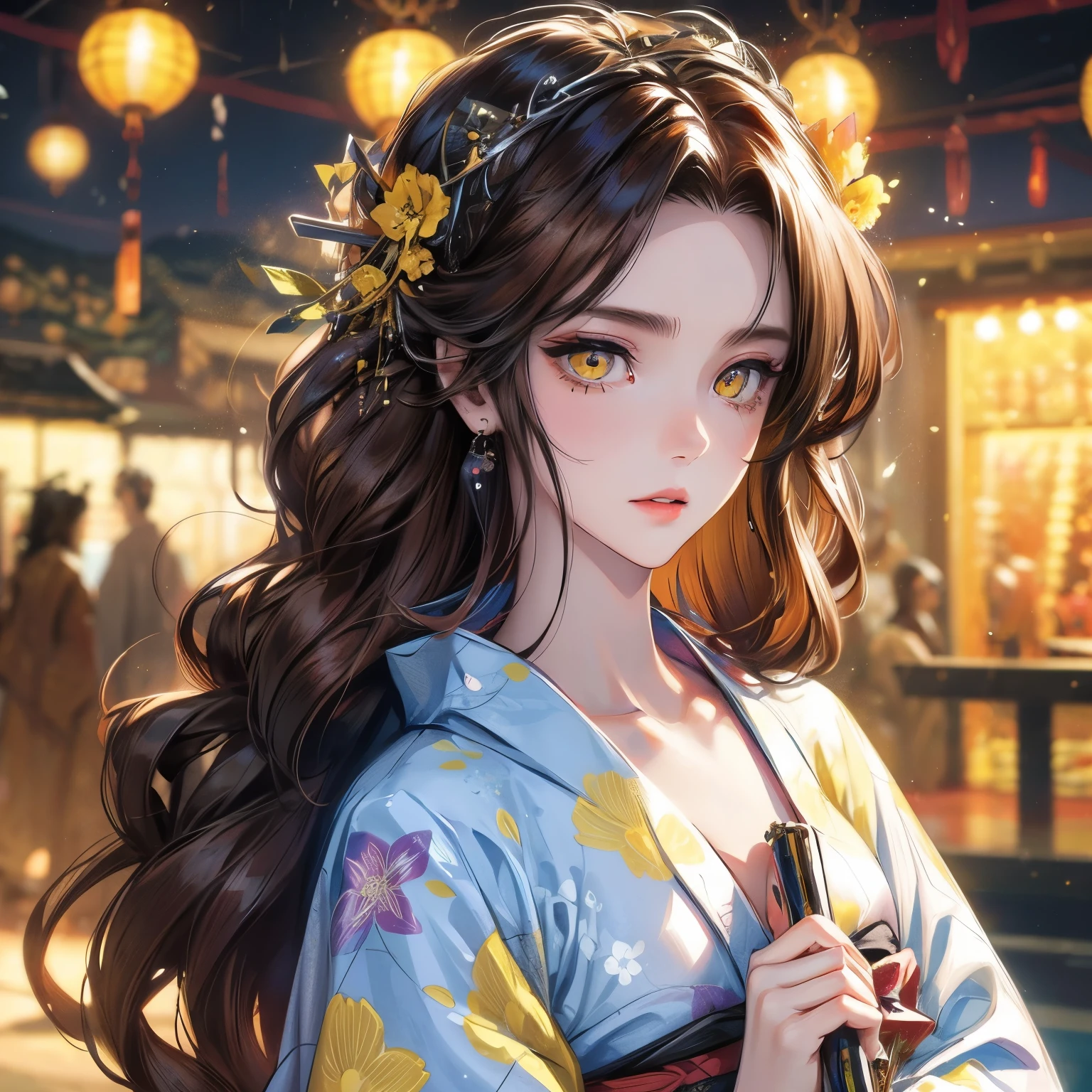 hyper-realistic of a mysterious woman with flowing dark hair, piercing yellow eyes, and a delicate floral crown, backwards,(yukata)