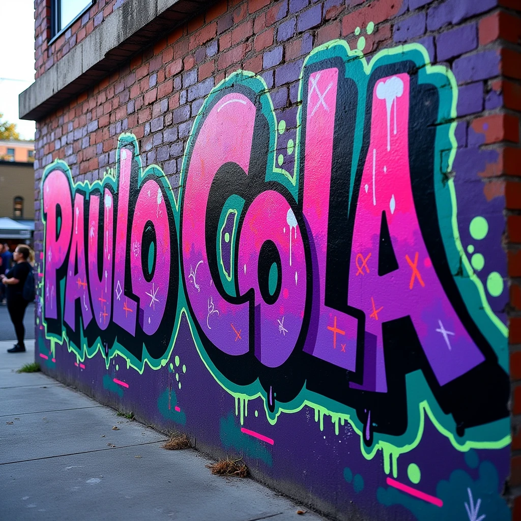 Create an image with the name “Paulo Cola” AND the number “23” draw on a wall, AND draw a sign for a city called “Piuma”. Graffiti style. Fluorescent colors, with purple as the main color theme.