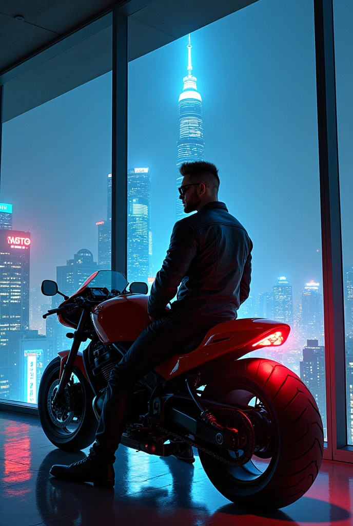 Man sits on a futuristic bike, resembling Kaneda, a fit and rugged mercenary in a megacity. With an undercut hairstyle, he wears sunglasses and faces the camera during a nighttime cityscape scene. Set indoors, he sits in a windowed room overlooking the city, his hands resting on his knees. Utilizing the rule of thirds, the camera captures an eye-level shot from a straight angle. Illuminated by predominantly soft lighting and select accent lighting, the towering megastructure creates an atmospheric background. The scene is rendered with Katsuhiro Otomo's signature digital painting style, showcasing exquisite detail and contemporary film grain. The overall design evokes a cyberpunk vibe, complete with a vibrant color grading and hints of eye-catching artifacts.