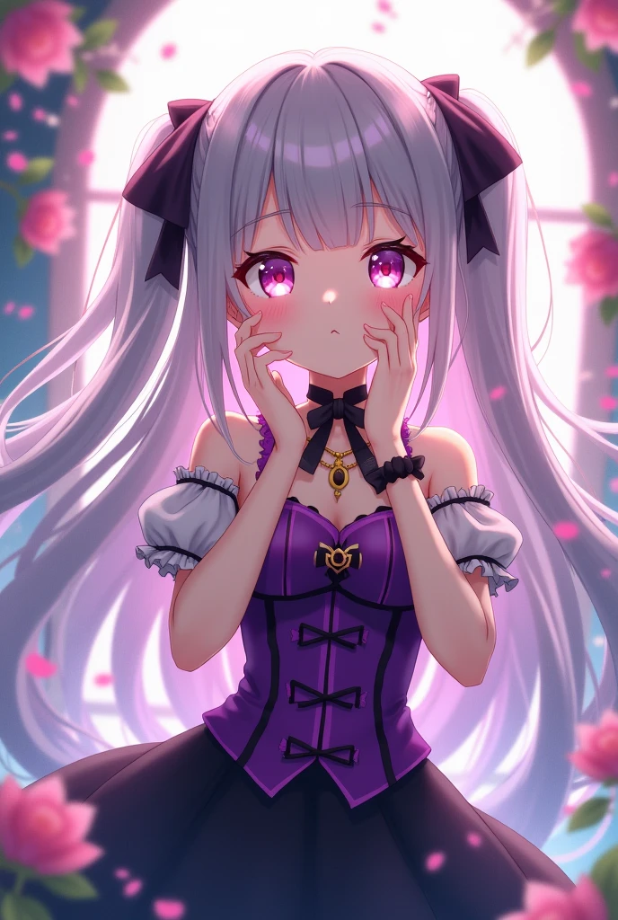A long greyish purple hair mixed with greyish om the lowered tips of her hair two long pigtails lowered down with 4 strands of hair on her face with pink small, gentle, pretty eyes, Purple corset with a black collar and black necklace connected to each other, Black skirt with black unconnected sleeves, two black ribbons on each braided middle hair hanging on each side of her chest, two hands on each sides of her cheeks, anime style