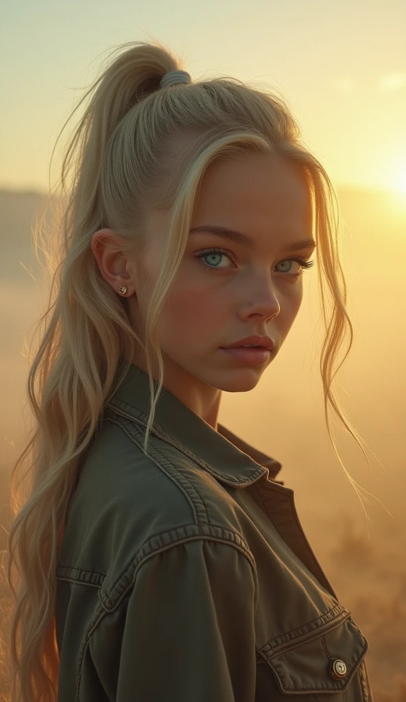 (Meilleure qualité, 4k, 8k, haute résolution, chef-d'œuvre: 1.2), ultra détaillé, (Réaliste, photoRéaliste, photoRéaliste: 1.37), 1 fille au milieu d'un épais brouillard: 1.5, tenue de style hip-hop, Queue de cheval haute, Cheveux blonds incroyablement longs, pose de cow-girl, regarder le spectateur, se penchant en avant, par Santiago Caruso, par Mike Azevedo, yeux détaillés, lèvres détaillées, visage extrêmement détaillé, long cils, pose dynamique, Coloré, couleurs vives, éclairage chaleureux