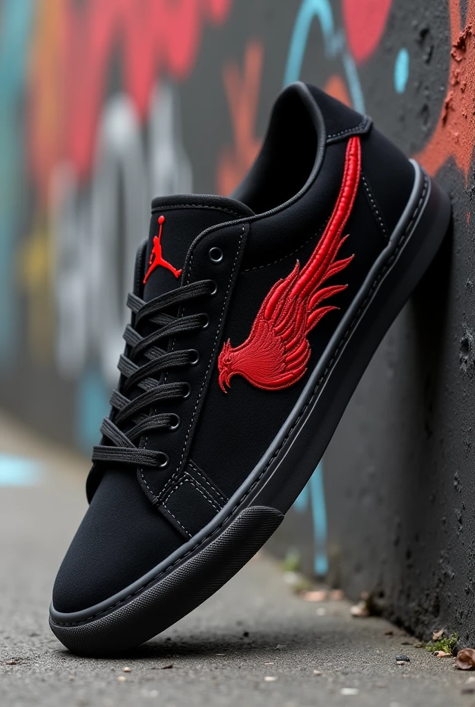 Create a casual tennis shoe, all black, with the logo being a red phoenix, special edition