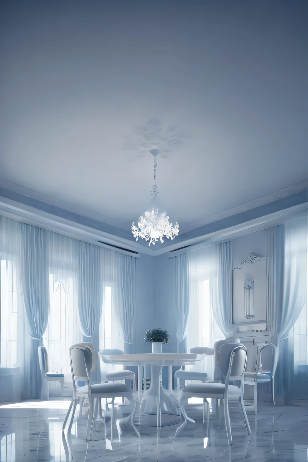 a white dreamy house, dining room, retro, foggy, soft focus, year of 1995, cool lighting, muted pastel colors, glowing atmosphere, dramatic shadows, cinematic composition, dream-like quality, ethereal, romantic, soft focus photography, dark blue hour, midnight, windy, white marble, peony flower