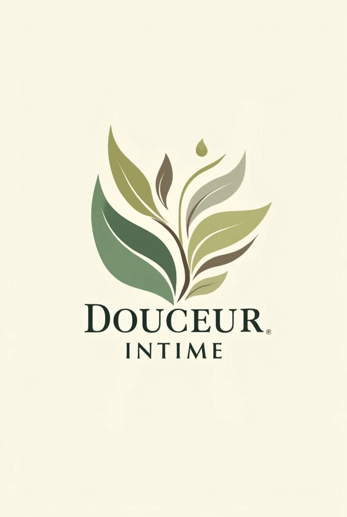Create a clean and elegant logo for a range of feminine care products based on African plants called DOUCEUR INTIME. The design should incorporate natural elements such as leaves, roots, and symbols of well-being. Use natural, soothing colors to evoke purity, balance and serenity. The logo must reflect the effectiveness of the products in relieving intimate problems, providing natural lubrication, and improving general well-being."