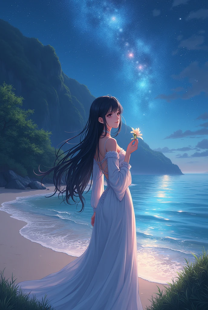 (masterpiece,Highest quality,,8k,High resolution),One female,(Beautiful Face,Beautiful Face)Beautiful eyes,Beautiful lips,,Black Hair,look back,(Anime Girl)、flower,Sandy beach with a view of the forest,A bright night with stars visible,Mysterious Light、非常にMysterious Light、jewelry,Holding,Long sleeve,necklace,Long Hair,dress,(whole body),Highly detailed anime art,A complete portrayal、