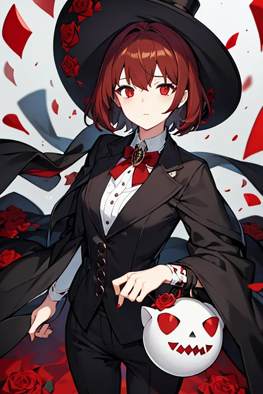 women, short brown hair, white mask, black and blood red eyes, top-hat, elegant black suit with red roses, creepy