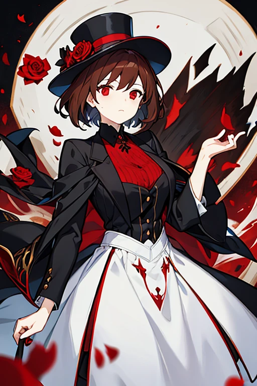 women, short brown hair, white mask, black and blood red eyes, top-hat, elegant black suit with red roses, creepy