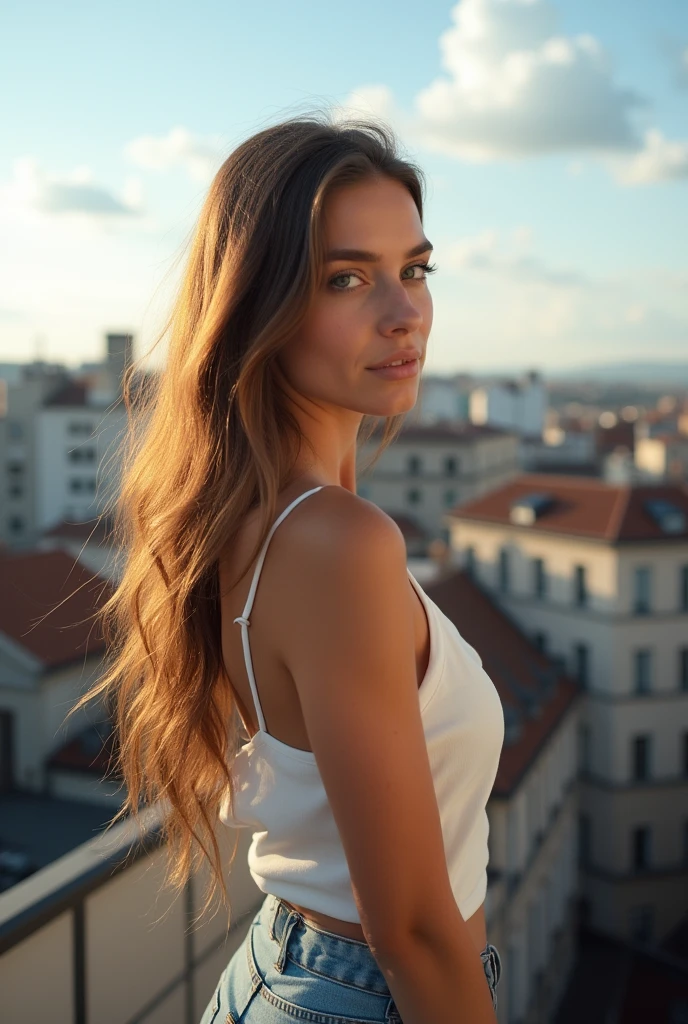 dutch woman, Look to viewer, long hair, chemise, jeans, nube, giorno, sky, plein-air, penthouse apartment, Scenario