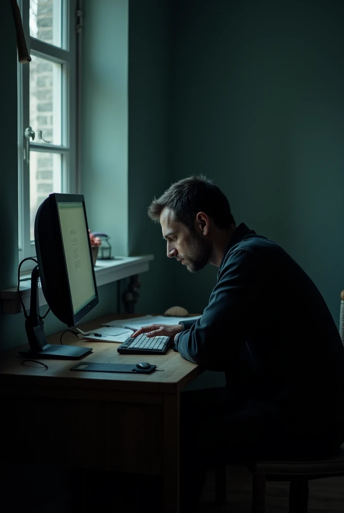 Here is a picture of a sad man alone, reflecting feelings of loneliness or sadness, in a simple environment with soft tones to highlight the melancholic atmosphere "Using the computer"
