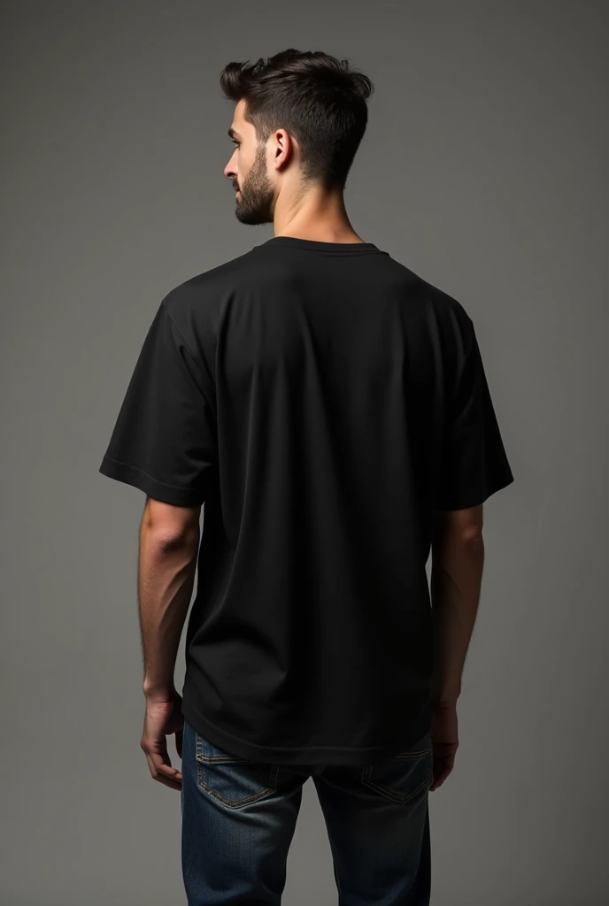 Handsome man, standing straight facing at back wearing black colour oversized t-shirt, denim pants, against greyish background, cotton texture of t-shirt, oversized tshirt,round neck, half sleeves. Cotton texture of t-shirt should be visible little bit. Hands should be straight, realistic photo.