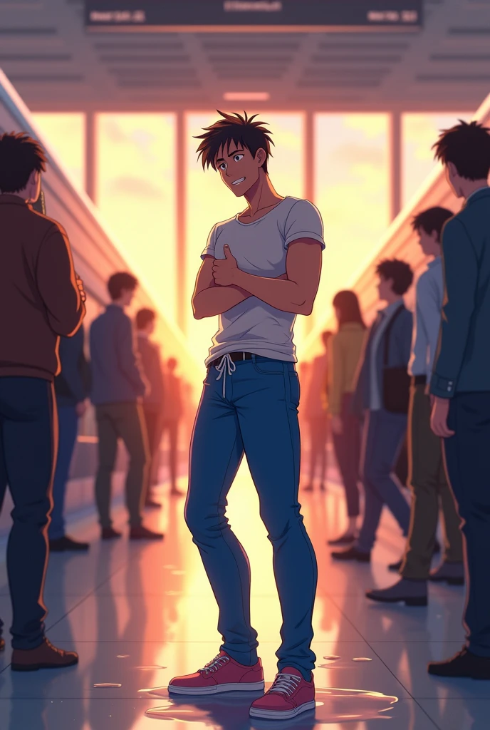 In the morning station,  a slender and mascular young man in his blue pants is peeing himself. He couldn't hold his pee. He is holding his crotch to stop peeing but his pee is leaking out from his pants,  and it is making a pee puddle at his feet. white t-shirt, his pants around his crotch gets wet because of his pee. He looks embarrassed and humiliated. Anime 