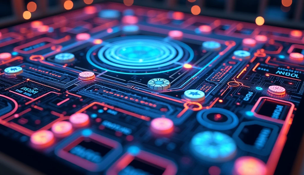 A game board inspired by "game of life", but with a futuristic and technological touch. The board has a modern design, with circuits, chips and holograms representing the different houses and stages. Neon colors and technological graphic elements that capture the essence of a futuristic board game. The layout is engaging, combining fun with a serious message about responsible use of AI. The poster is both a guide and a visual game, making learning an interactive and memorable experience.