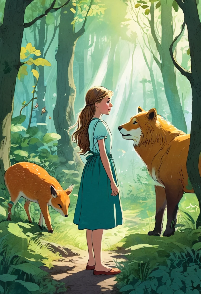 Illustration for a fairy tale about a girl, standing in the forest, who can talk to animals