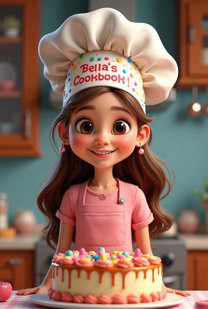 Create a Disney Pixar Cookbook Cover. A GIRL with a chef&#39;s hat. This one has LIGHT brown hair, LONG WAVY HAIR, is smiling happily, small, dark brown eyes. She wears small earrings. she has white skin. This one is wearing a pink shirt. She is making a CAKE AT HOME..
A sign that says Bella&#39;s Cookbook