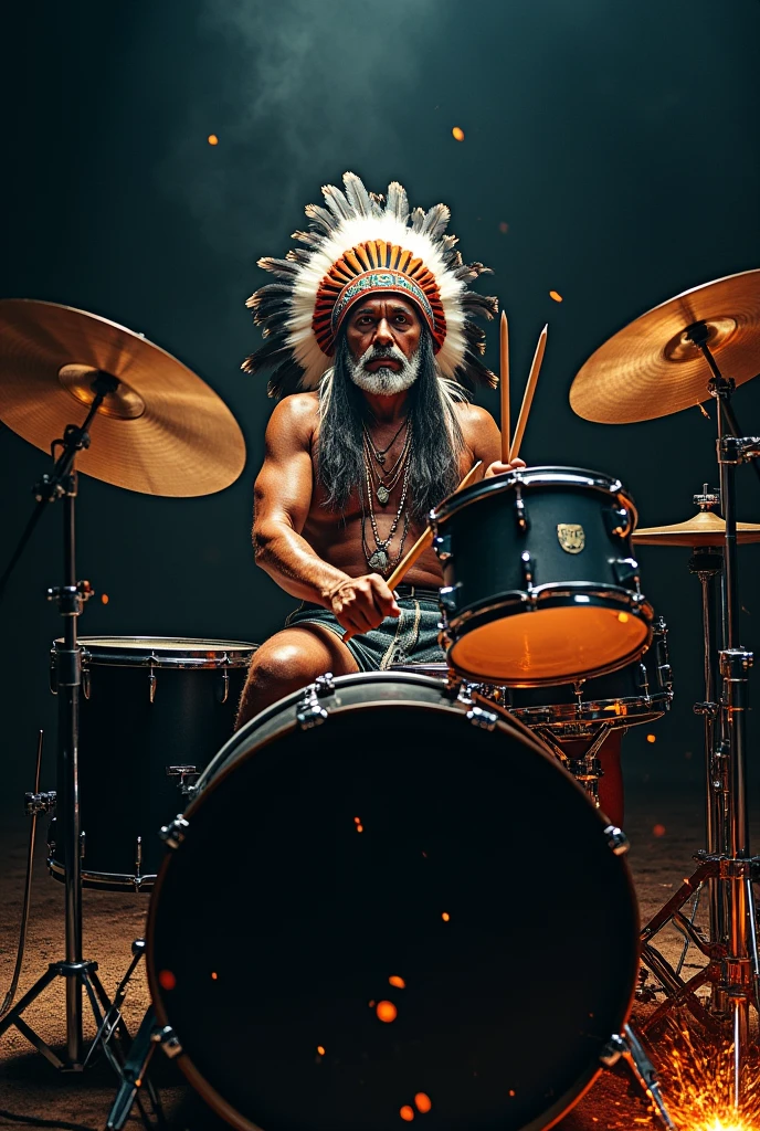 gray-haired, grim indian smoking peace pipe wearing feather headdress plays big rock drum kit, the indian looks straight ahead, drum set black two cymbals and 3 drums, in detail, Indian angrily into camera, he is caught in the act of playing a hard solo and he swings his sticks, there are a few sparks, magical atmosphere because of his playing
