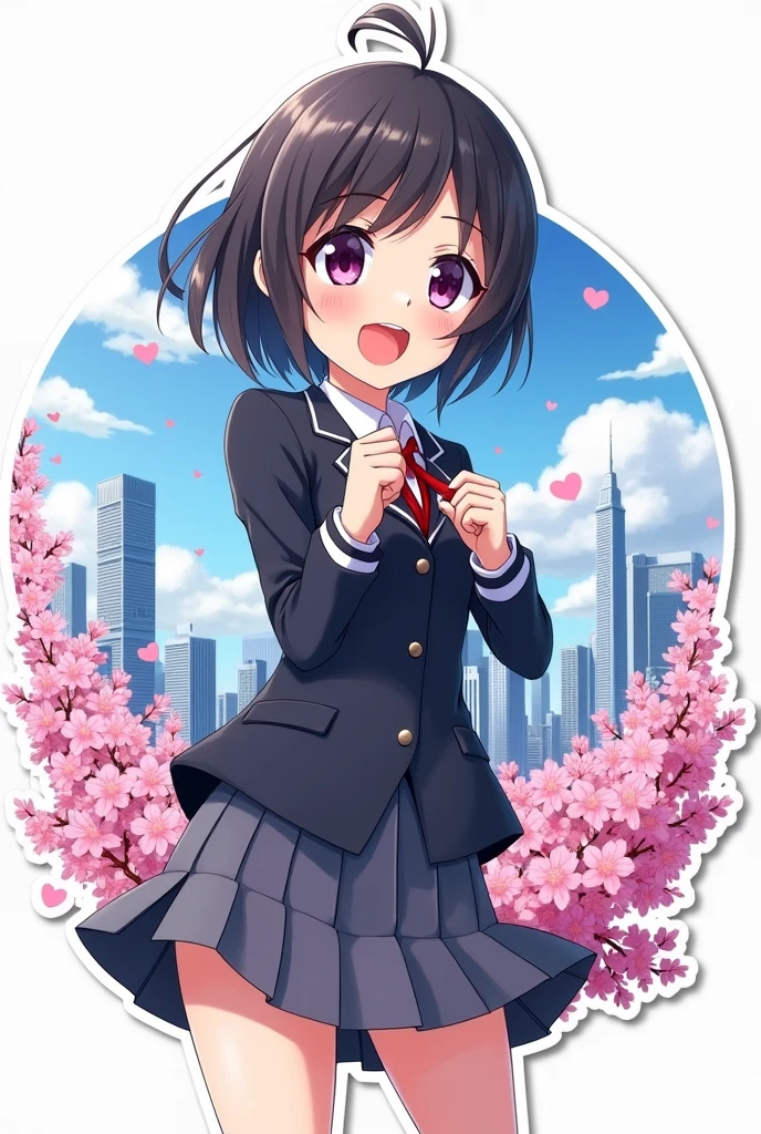 Sticker, "Go Beyond! Plus Ultra!" - Featuring a determined anime schoolgirl character against a backdrop of cityscape and sakura blossoms, on a white background.