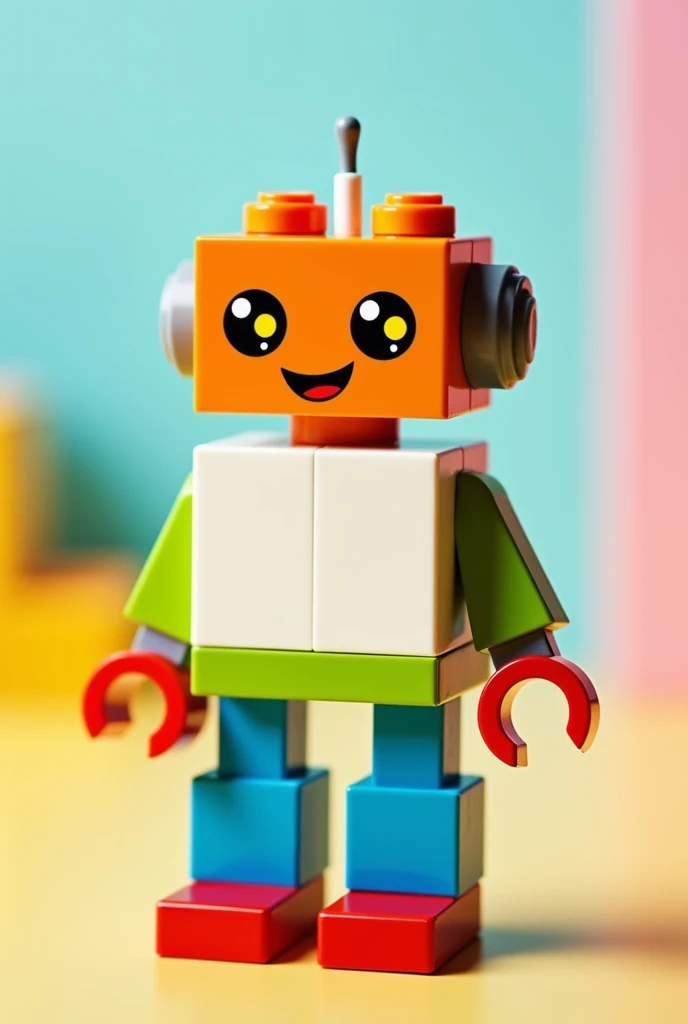 Create an image of a small, colorful LEGO robot made from 50 pieces. The LEGO blocks are in white, green, blue, orange, red, and yellow colors, with each piece being 2x2 in size. The robot should have a white torso, an orange head, green arms, blue legs, red feet, and yellow eyes. The design should be simple and suitable as a creative showpiece