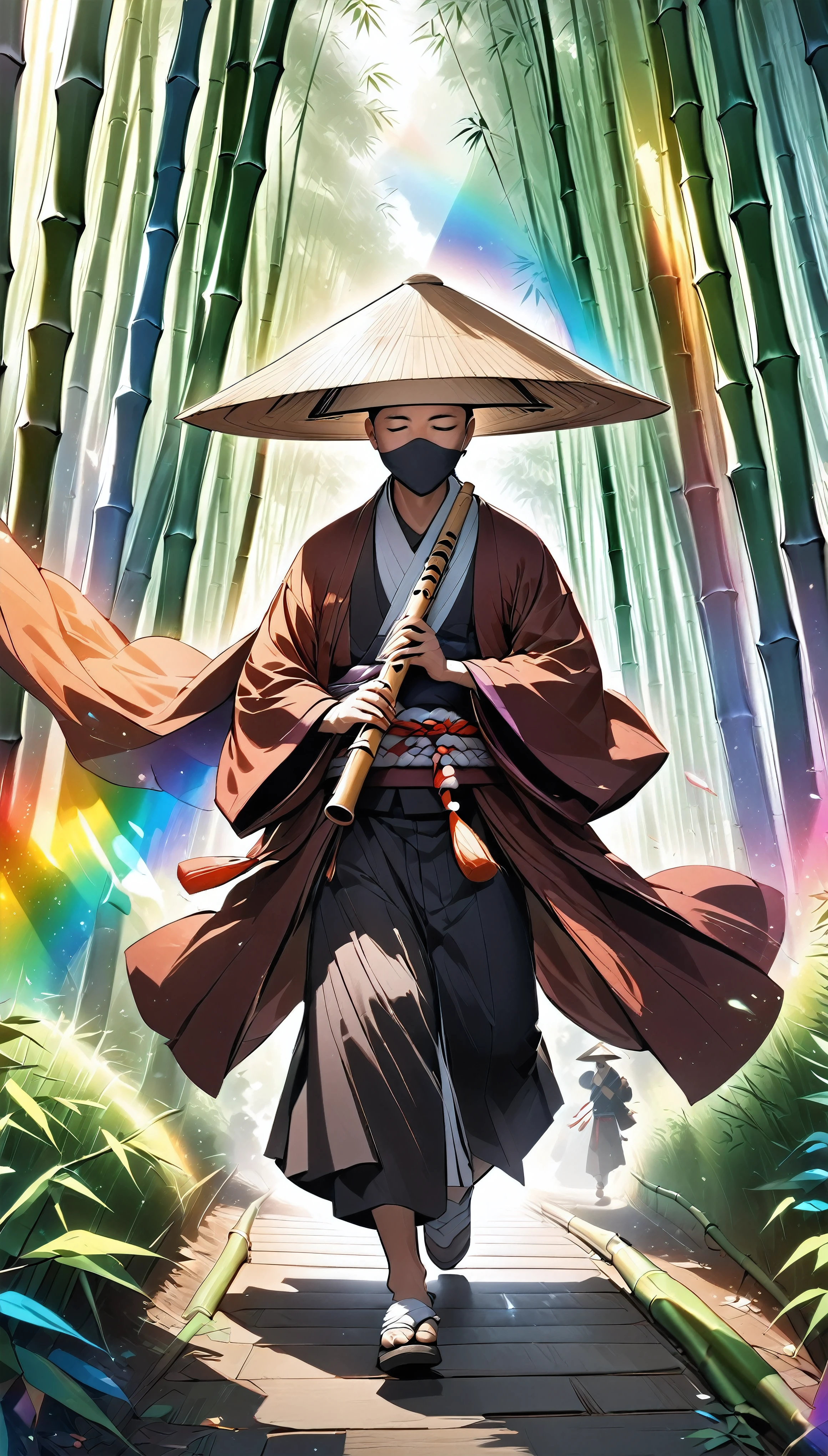 A monk wearing a deep cylindrical woven hat that completely covers his face., Walking while playing the shakuhachi flute, The surrounding bamboo forest changes colour to the rainbow of melodic music., Mysterious bamboo forest, 