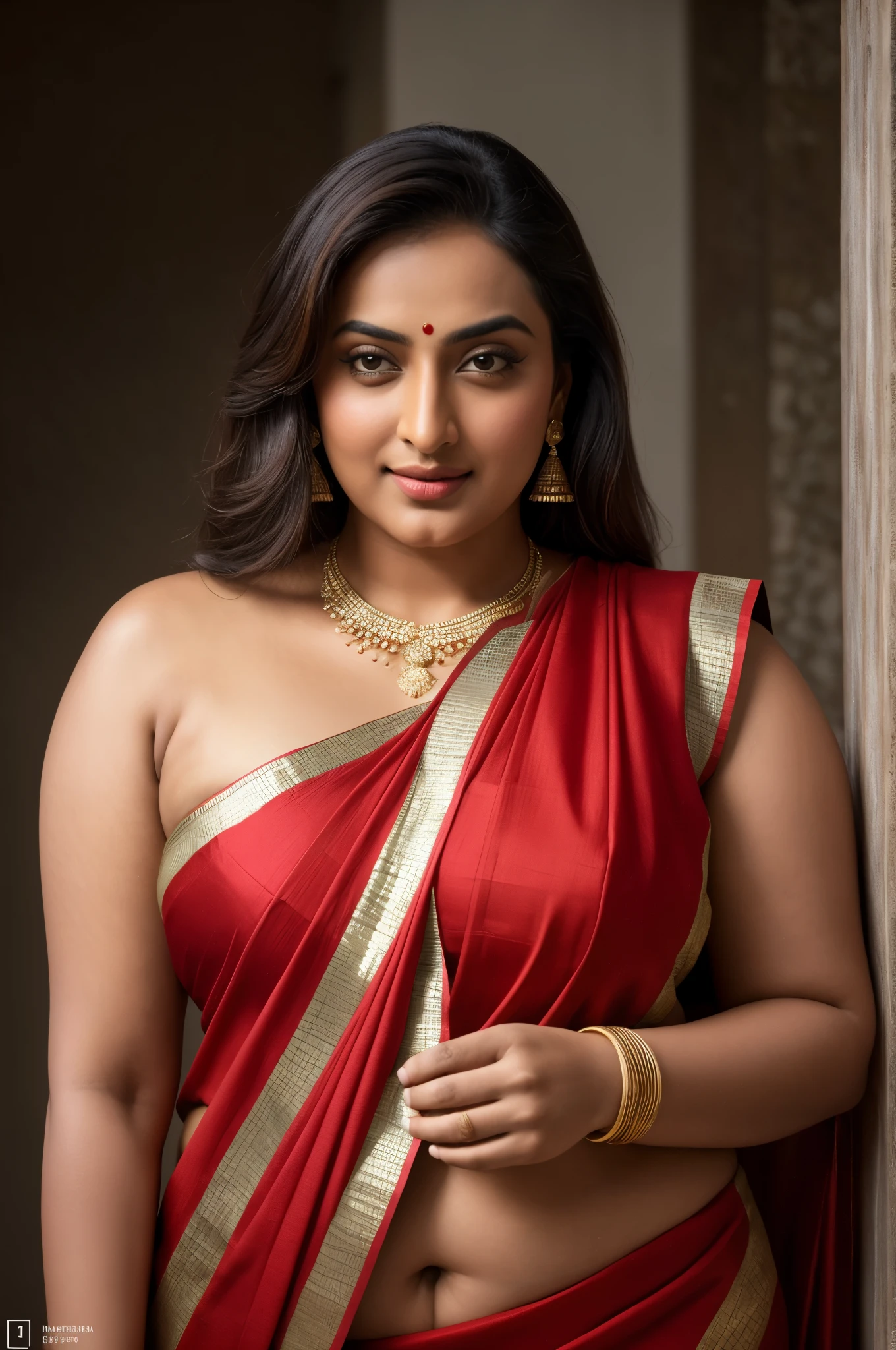 Foto RAW, photorealistic, photography, full body shot, master shot, perfect eyes, goddess like beauty, pierced eyes, perfect thick chubby mallu Desi aunty bhabhi, Wearing a Stanapatta, a chest-band.Saree model, model Photography, Indian saree shoot, Indian traditional wear advertising photography, traditional wear brand shoot, face of Indian actress Sonakshi Sinha, masterpiece, realistic, realism, incredible details,  pleasure, photorealism, detailed skin, skin pores, high contrast, photorealistic Artstation 8k HD digital art trend of high definition and detailed realistic skin texture, ultra detail, realistic skin texture, armature, best quality, ultra high definition, (photorealistic:1.4),, high resolution, detail, raw photo, sweat, Re sharp, by Lee Jefferies Nikon D850 Film Stock Photo 4 Kodak Portra 400 Camera F1.6 Lens Rich Color Ultra Real Realistic Realistic Textures Dramatic Lighting Unreal Engine Trending at Art Station Cinestill 800,(pele altamente detalhada: 1.2), 8k UHD, DSLR, soft-lighting, alta qualidade, grain of film, Fujifilm XT3,she didn't like to wear blouse or bra, she is happy to wear only saree, intricate, she hates blouse or bra, detailed hairy armpits, hyper realistic skin, skin pores, skin texture, sweat, veins, juicy deep navel, sexy navel folds,