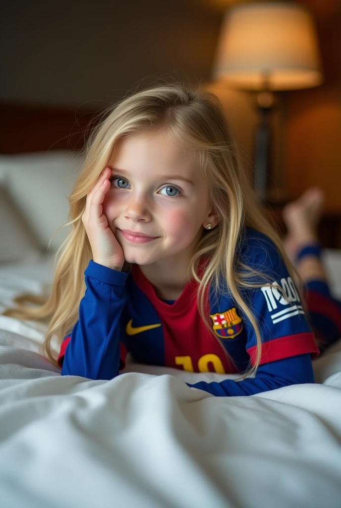 Fille blonde allongée sur un lit regardant devant la caméra, portant un maillot de l'équipe de football de Barcelone, avec le numéro 10 de Messi, cheveux blonds, elle se couvre le visage avec sa main, Pâle, et cheveux longs, montrant la chemise