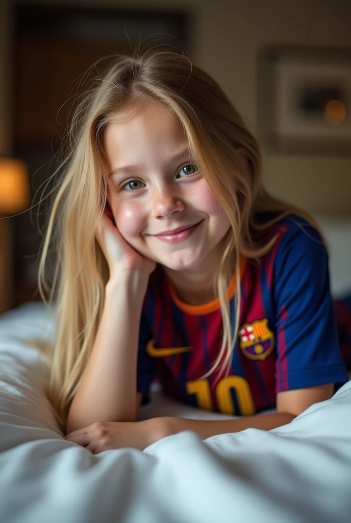 Fille blonde allongée sur un lit regardant devant la caméra, portant un maillot de l'équipe de football de Barcelone, avec le numéro 10 de Messi, cheveux blonds, elle se couvre le visage avec sa main, Pâle, et cheveux longs, montrant la chemise