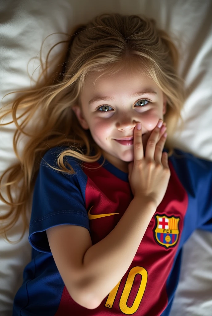 Fille blonde allongée sur un lit regardant devant la caméra, portant un maillot de l&#39;équipe de football de Barcelone, avec le numéro 10 de Messi, cheveux blonds, elle se couvre le visage avec sa main, Pâle, et cheveux longs, montrant la chemise 