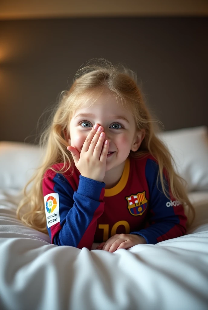 Fille blonde allongée sur un lit regardant devant la caméra, portant un maillot de l'équipe de football de Barcelone, avec le numéro 10 de Messi, cheveux blonds, elle se couvre le visage avec sa main, Pâle, et cheveux longs, montrant la chemise