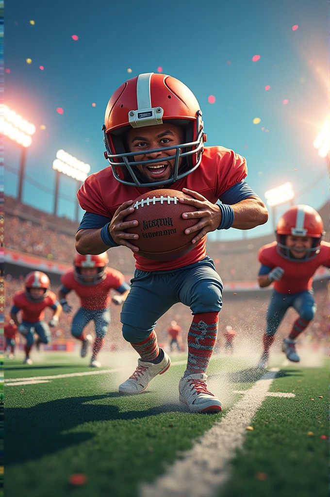 **Prompt:** "Epic Stumble Guys Football Showdown!" Capture the excitement of a thrilling "Stumble Guys" football match in a vibrant, obstacle-filled arena. Quirky, cartoonish characters, each with eye-catching costumes, are in the midst of a chaotic game, with one character about to launch a giant, oversized football towards the goal. The scene is filled with dynamic action, playful chaos, and the fun unpredictability that makes "Stumble Guys" so entertaining. Bright colors, fast-paced movement, and humorous mishaps create a lively and engaging atmosphere.