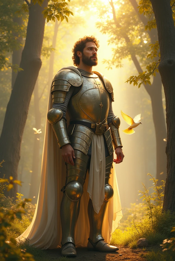 Create a brave Christian soldier guided by God but do not put weapons in the image 
