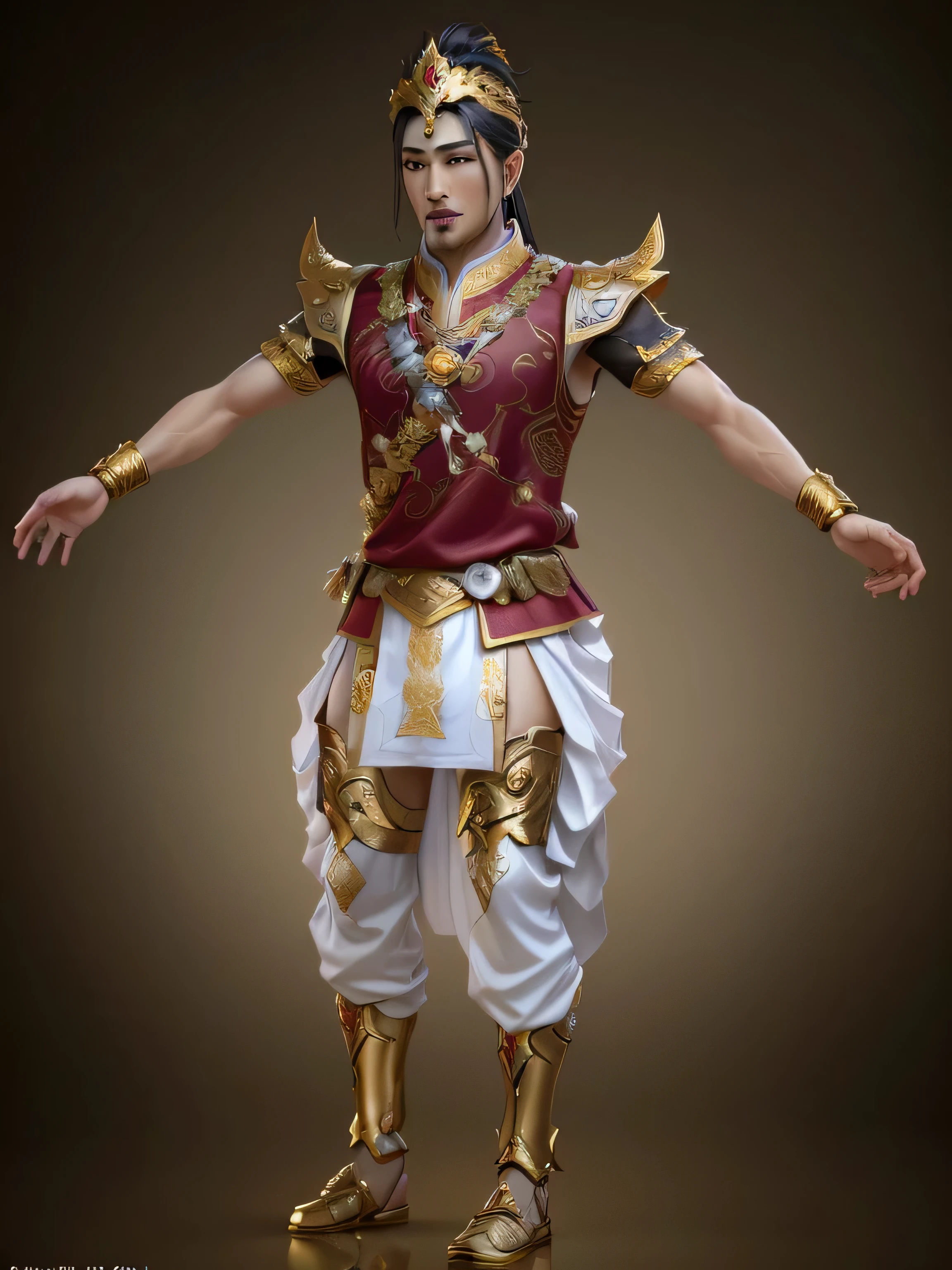 a cartoon arafed man in a costume with a golden crown and a white skirt, tai costume, handsome prince of persia, 3 d render character art 8 k, zhao yun, hyperdetailed fantasy character, fantasy character octane render, 3d character realistic, chinese warrior, very detailed and rich clothing, t-pose of male magic wizard