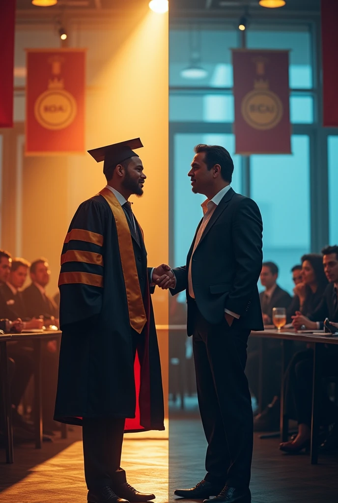 Visual Storytelling with Alumni Success:
- Concept: Feature a split image showing an alumnus in their current successful role in suite(e.g., CEO, entrepreneur) with a "before" shot of them as a student at the MBA college with convacation
uniform. Use a headline like, "From Classroom to Boardroom."
- Tagline: "Your Success Story Starts Here