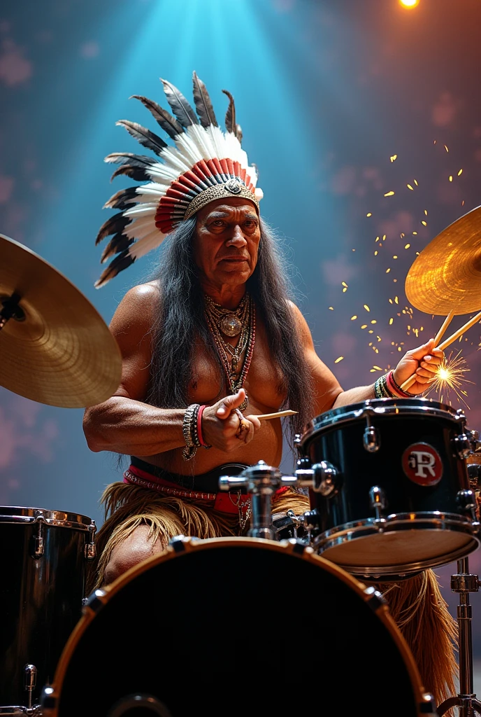 gray-haired, steep, grim indian smoking peace pipe wearing feather headdress plays big rock drum kit, the indian looks straight ahead, drum set black two cymbals and 3 drums, in detail, Indian angrily pisses into camera, he is caught in the act of playing a hard solo and he swings his sticks, there are a few sparks, magical atmosphere because of his playing