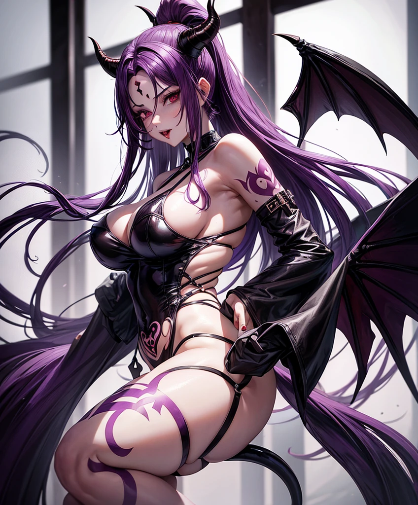 beautiful girl,purple hair,ponytail,long hair,Devil Girl,conjunctivitis,Light red mouth,Tall,white skin,Long legs,big breasts,Have a tattoo,Demon horn on forehead,devil wings,Devil's Tail,Leotard,