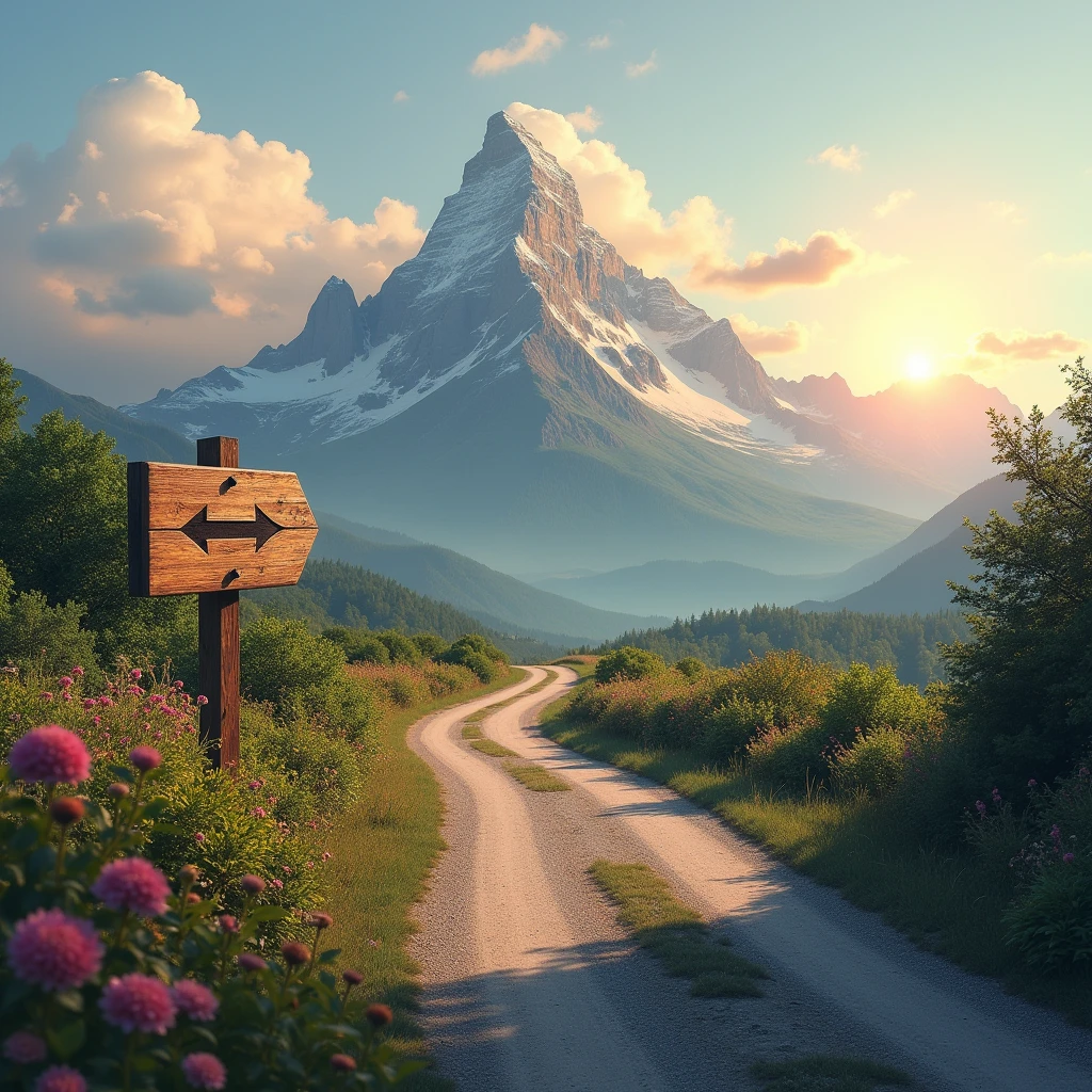 A dynamic image of a winding road leading toward a distant mountain peak. An arrow sign points toward the summit. The background features a serene sunrise, symbolizing new beginnings and purposeful progress.