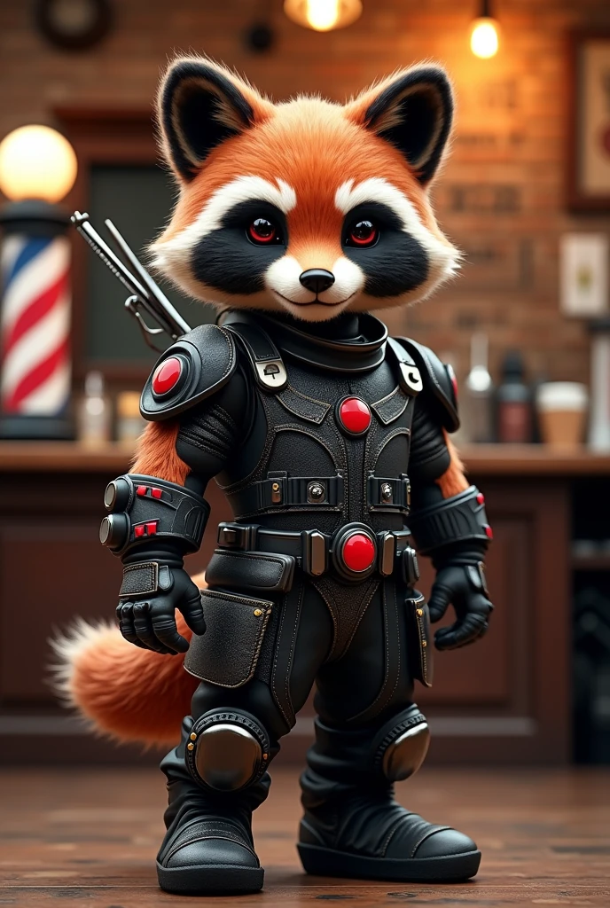 a mascot for barbershop is a cute animal warrior with a scissors behind. Clothes is mechanical worksuit, wear hight boots, color is black and red
