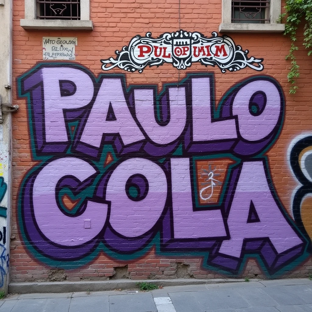 Create an image with the name “Paulo Cola” AND the number “23” draw on a wall, AND draw a sign for a city called “Piuma”. Purple as the main color theme.