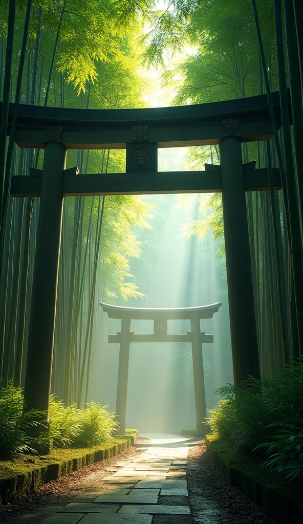 a beautiful tori gate in the middle of a serene bamboo forest, mountainous landscape, narrow winding path, mist and fog, warm lighting, lush greenery, peaceful atmosphere, intricate architectural details, traditional japanese style, highly detailed, 8k, photorealistic, masterpiece, cinematic lighting, dramatic colors, made by DSLR camera