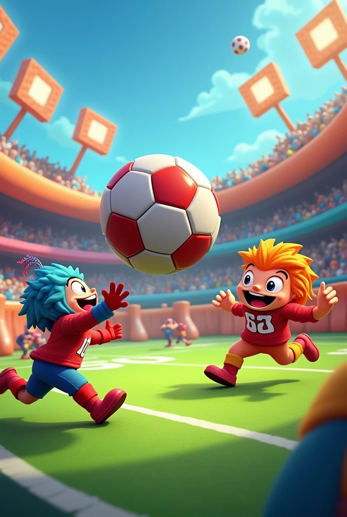 Epic Stumble Guys Football Showdown!" Capture the excitement of a thrilling "Stumble Guys" football match in a vibrant, obstacle-filled arena. Quirky, cartoonish characters, each with eye-catching costumes, are in the midst of a chaotic game, with one character about to launch a giant, oversized football towards the goal. The scene is filled with dynamic action, playful chaos, and the fun unpredictability that makes "Stumble Guys" so entertaining. Bright colors, fast-paced movement, and humorous mishaps create a lively and engaging atmosphere.