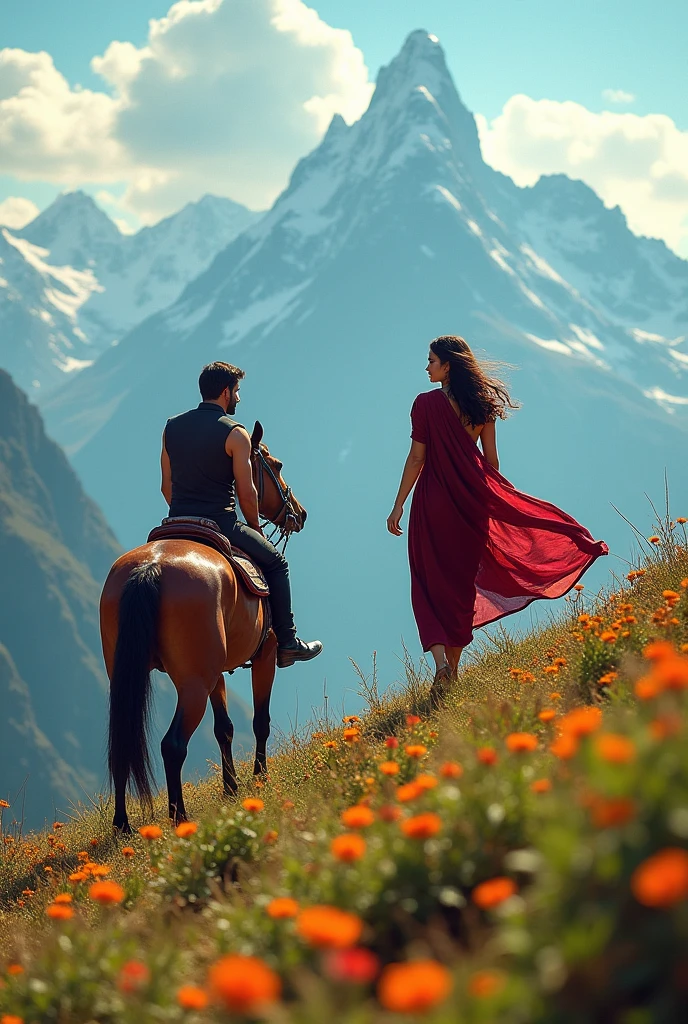 A girl riding a horse on a beautiful mountain wearing a maroon saree and reaching her lover man on the top of the mountain and the man is the most handsome and physically the most fit and sexy human on the planet