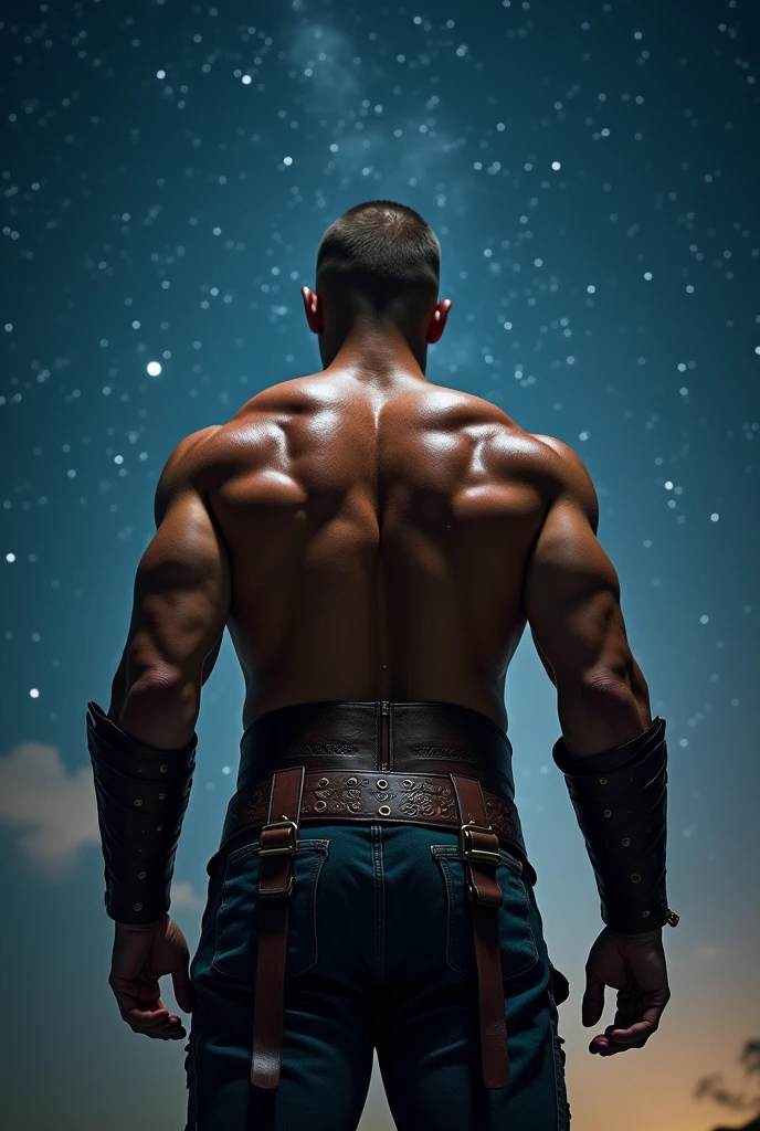 Muscular、Completely naked、Short Hair、Pectoralis major、Abdominal muscles、Leather armor with full frontal visibility、erection、Sweating、Night starry sky、Back view、Guts pose