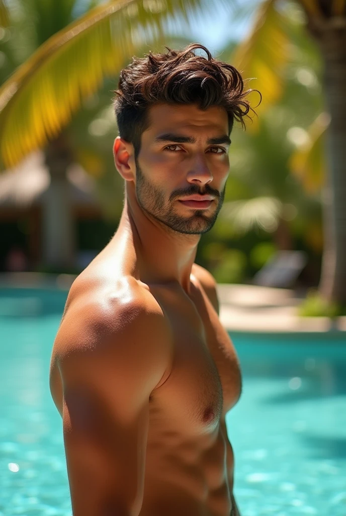 The handsome male model in front of the pool is Turkish, 180+ height