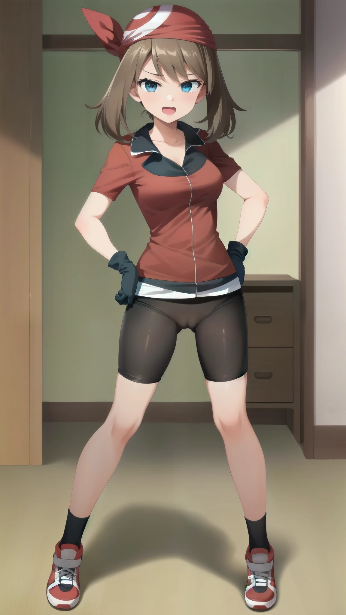 8k,Super Detailed Game CG, (High resolution:1.1),(absurdes:1.1), highest quality, 超High resolution, highest resolution, very detailed, One person, May, shirt, bike Shorts, bandana, red shirt, hair band, Medium Hair, gloves, Shorts, bow hair band, No sleeve, red bandana
hands on hips, (((pussy line))),mesugaki,