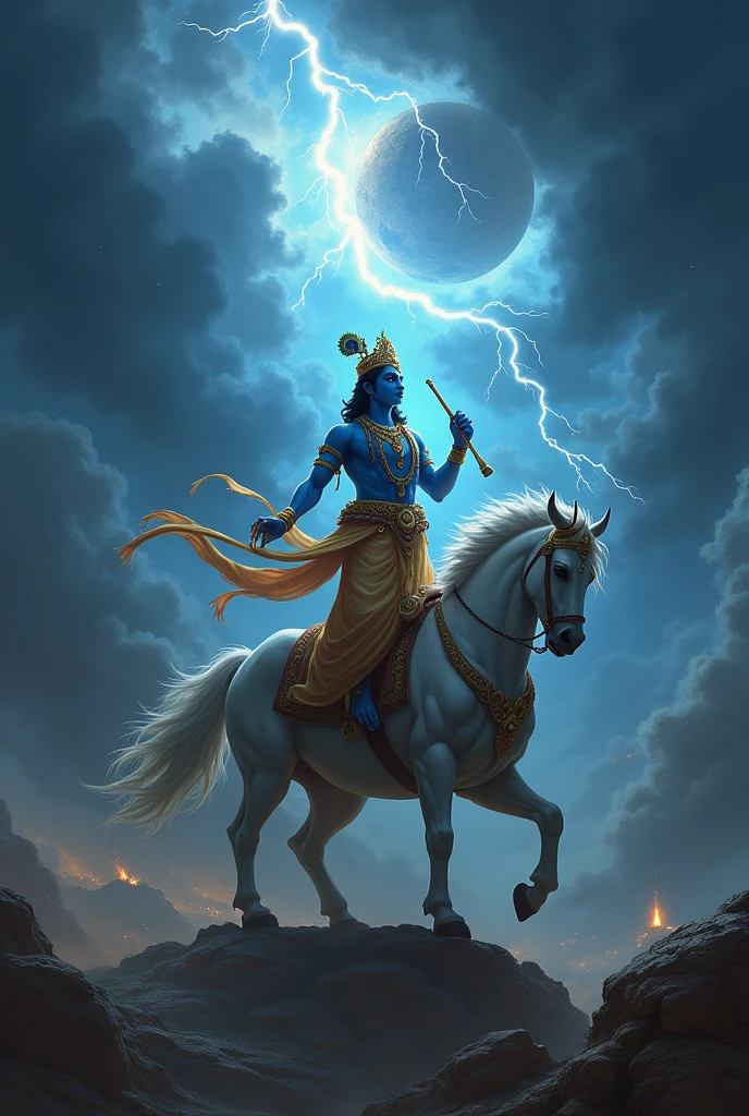 Shree krishan name'lord , danger background ,mahabhart , planet flying ,dark
