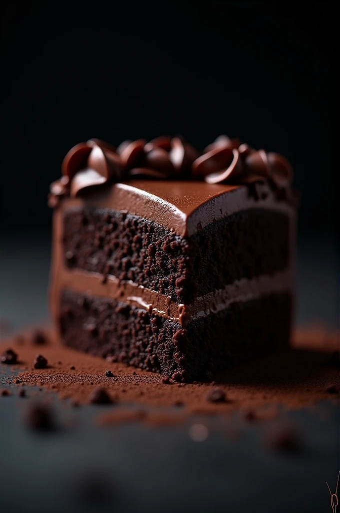 cinematic film still chocolate, chocolate cake, dark background, quality photo, moist texture, frosting, studio photo, slice . shallow depth of field, vignette, highly detailed, high budget, bokeh, cinemascope, moody, epic, gorgeous, film grain, grainy