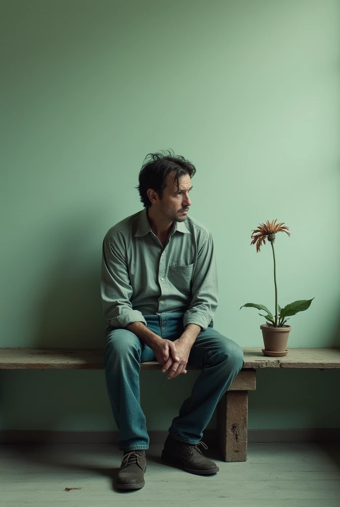 Here is a picture of a sad man alone, reflecting feelings of loneliness or sadness, in a simple environment with soft tones to highlight the melancholic atmosphere