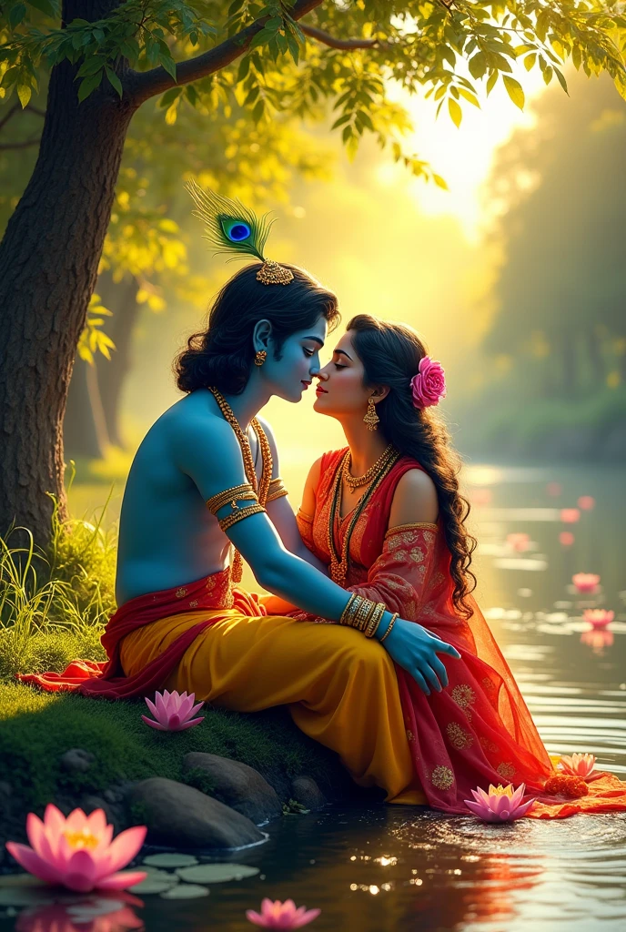 Shree krishan name's lord , near river , Radha with sitting