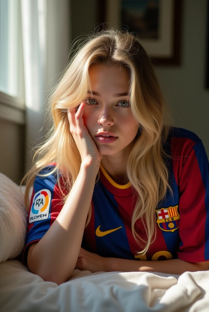 Fille blonde de 24 ans allongée sur un lit regardant devant la caméra, portant un maillot de l'équipe de football de Barcelone, avec le numéro 10 de Messi, cheveux blonds, elle se couvre le visage avec sa main, Pâle, et cheveux longs, montrant la chemise
